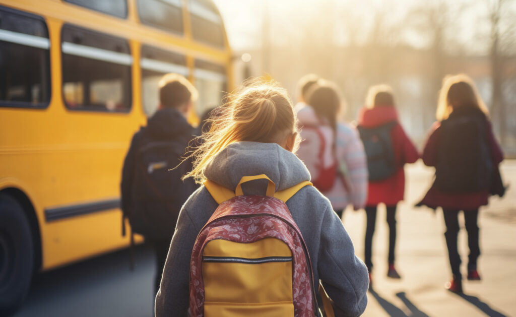 Young students walking to the school bus which is safe because of Neotrack GPS Tracking Solutions